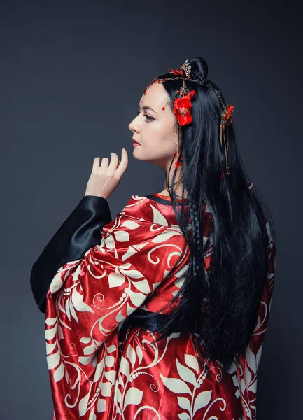 Beautiful Young Woman Red Traditional Chinese Costume Dark Background — стокове фото