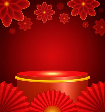 Sahne kaidesi ve kırmızı arkaplanda Asyalı unsurlarla Çin 'in yeni yıl illüstrasyonunu temsil et