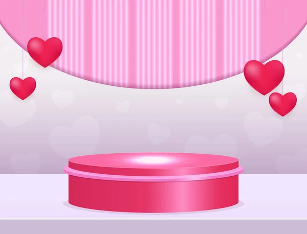 Vector Illustration Background Shining Stage Podium Hanging Hearts Valentine Day — 图库矢量图片