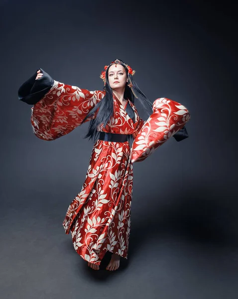 Beautiful Young Woman Red Traditional Chinese Costume Dancing Dark Background — Stock Photo, Image