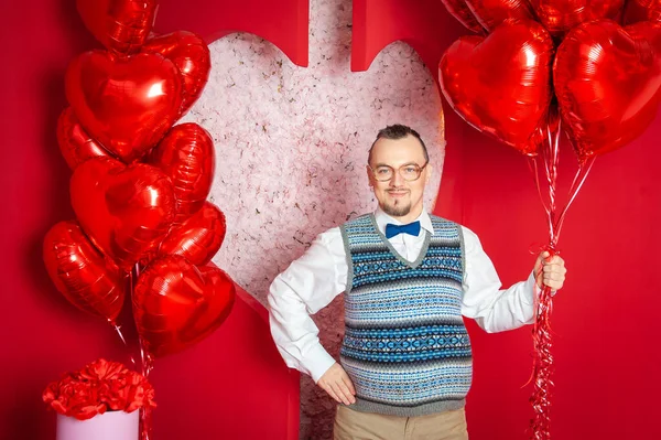 Funny Bearded Retro Style Man Blue Vest Holding Red Heart — Stock Photo, Image