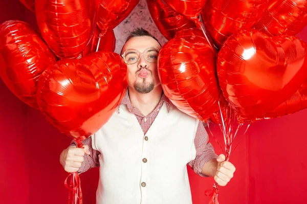 Funny Happy Bearded Retro Style Man White Vest Red Heart — Stock Photo, Image