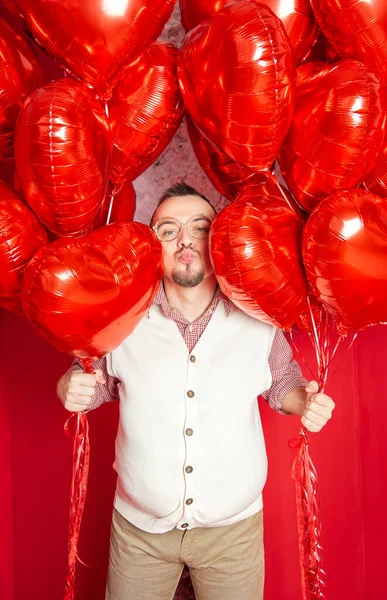 Funny Happy Bearded Retro Style Man White Vest Red Heart — Stock Photo, Image