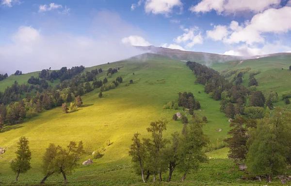 Bellissimo Paesaggio Con Valle Del Prato Nuvole Blu All Aperto — Foto Stock