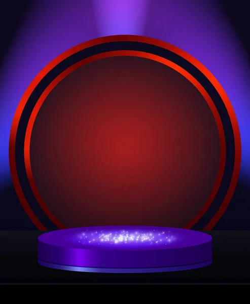Векторный Сценический Фиолетово Красный Неоновый Фон Геометрической Голубой Круглой Платформой — стоковый вектор