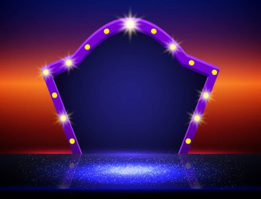 Tasarım için retro mor pankarta sahip boş neon ışıklı tablo veya oda duvarı arkaplanı içerik ürününü göster