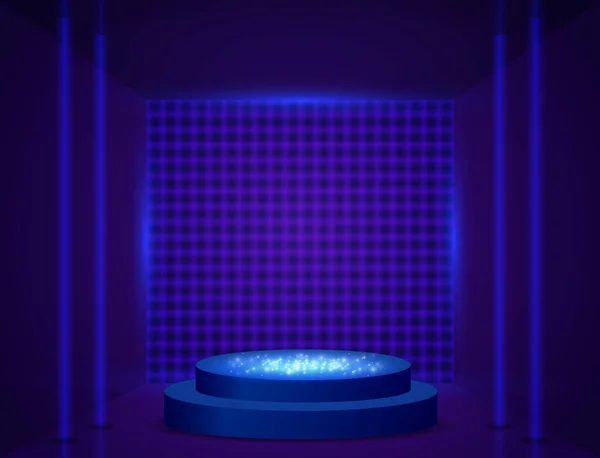 Vector Empty Blue Neon Room Background Shine Podium Design Show — Wektor stockowy