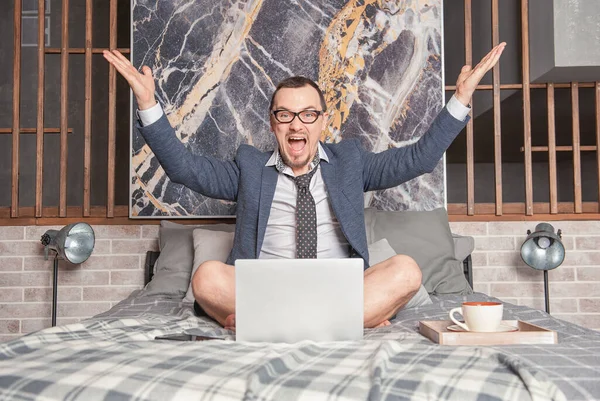 Young Handsome Happy Barefoot Man Wearing Suit Working Home Online — Stock Photo, Image