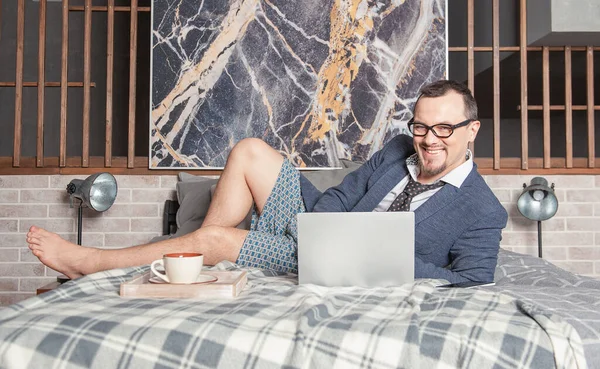 Young Handsome Barefoot Man Wearing Suit Underpants Working Home Online — Stock Photo, Image