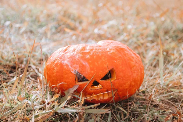 Przerażająca dynia halloween z dymem na jesiennym polu. — Zdjęcie stockowe
