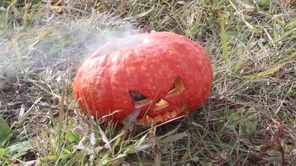 Fumée provenant de la tête d'une citrouille sculptée en feu. Décorations d'Halloween — Video