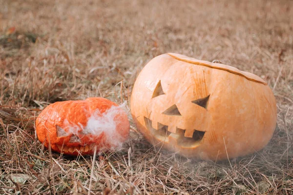Rzeźbione dynie halloween z dymem na jesiennym polu — Zdjęcie stockowe