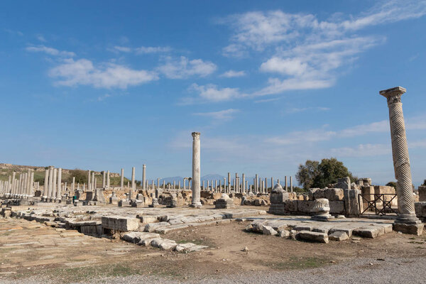 The ancient city of the Roman Empire of Perge in Turkey. Antalya, Turkey. Ruins of an ancient city
