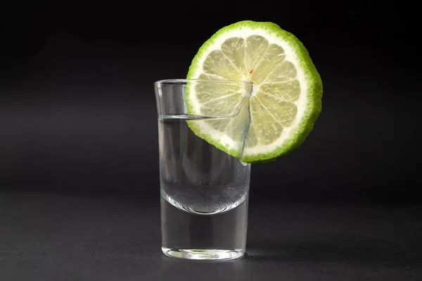 Shot Tequila Slice Lime Black Background — Stock Photo, Image