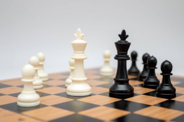 Tahtadaki siyah beyaz satranç taşları.