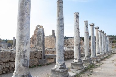 Antik Perge şehrinin kalıntılarındaki mermer sütunlar. Antalya, Türkiye