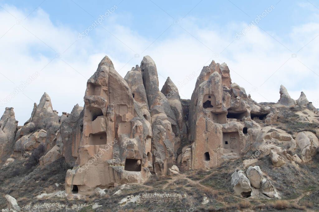 Mountains with cave houses at Goreme national park Turkey.