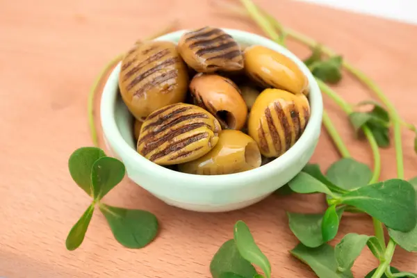 Grilled Pickled Green Olives Plate — Stock Photo, Image