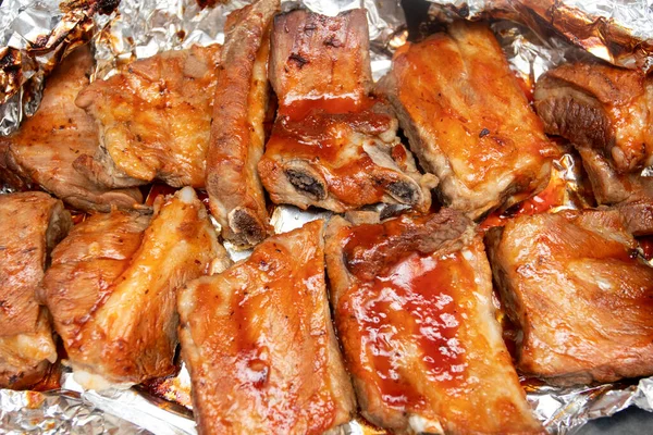 Pork Ribs Baked Barbecue Sauce Oven — Stock Photo, Image