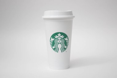 Plastic Starbucks cup logo on white backround, Istanbul, Turkey - June 2022.