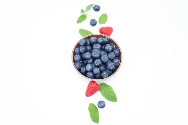 Blueberries Bowl Strawberries Cherry White Background — Stockfoto