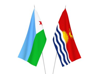Beyaz arka planda Kiribati Cumhuriyeti ve Cibuti Cumhuriyeti 'nin ulusal kumaş bayrakları izole edildi. 3d resimleme.