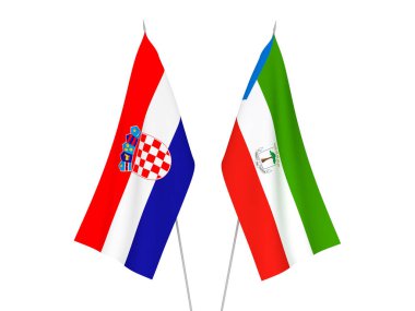 Beyaz arka planda Hırvatistan ve Ekvator Ginesi Cumhuriyeti 'nin ulusal kumaş bayrakları izole edildi. 3d resimleme.