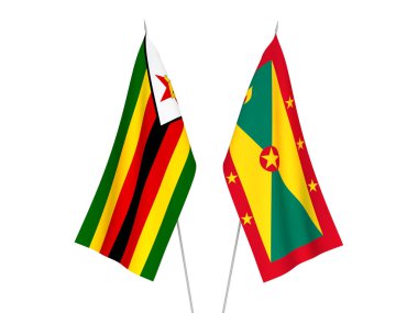Beyaz arka planda Zimbabwe ve Grenada 'nın ulusal kumaş bayrakları izole edildi. 3d resimleme.