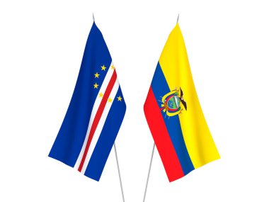 Beyaz arka planda, Ekvador ve Cabo Cumhuriyeti 'nin ulusal kumaş bayrakları izole edildi. 3d resimleme.