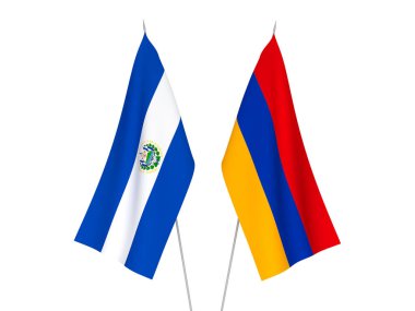 Beyaz arka planda Ermenistan ve El Salvador Cumhuriyeti 'nin ulusal kumaş bayrakları izole edildi. 3d resimleme.