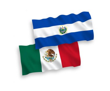 Beyaz arka planda Meksika ve El Salvador Cumhuriyeti 'nin ulusal taşıyıcı kumaş bayrakları izole edildi. 1 'e 2 oranında.