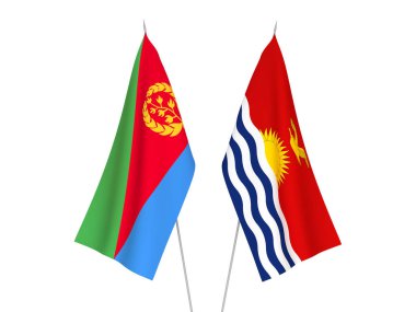 Beyaz arka planda Kiribati Cumhuriyeti ve Eritre 'nin ulusal kumaş bayrakları izole edildi. 3d resimleme.