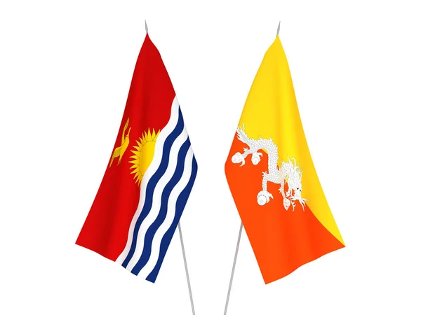 Bandeiras Tecido Nacional República Kiribati Reino Butão Isoladas Fundo Branco — Fotografia de Stock