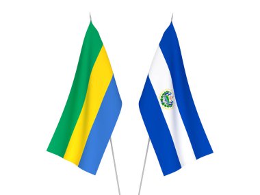 Beyaz arka planda Gabon ve El Salvador Cumhuriyeti 'nin ulusal kumaş bayrakları izole edildi. 3d resimleme.