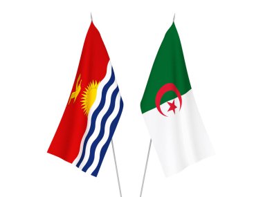 Beyaz arka planda Cezayir ve Kiribati Cumhuriyeti 'nin ulusal kumaş bayrakları izole edildi. 3d resimleme.