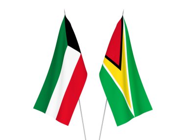 Beyaz arka planda Kuveyt 'in ulusal kumaş bayrakları ve Guyana Kooperatif Cumhuriyeti izole edildi. 3d resimleme.
