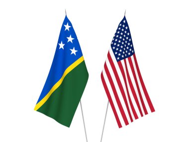 Beyaz arka planda Amerika ve Solomon Adaları 'nın ulusal kumaş bayrakları izole edildi. 3d resimleme.