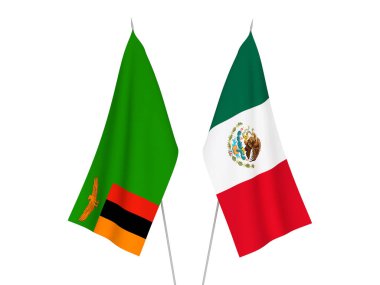 Beyaz arka planda Zambiya Cumhuriyeti ve Meksika 'nın ulusal kumaş bayrakları izole edildi. 3d resimleme.