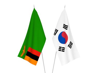 Beyaz arka planda Güney Kore ve Zambiya Cumhuriyeti 'nin ulusal kumaş bayrakları izole edildi. 3d resimleme.