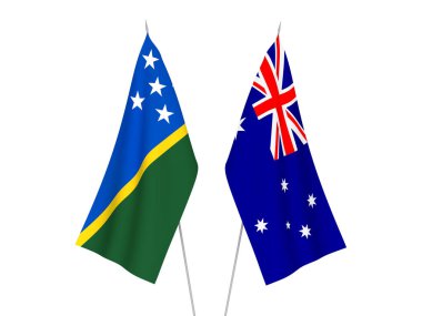 Avustralya ve Solomon Adaları 'nın ulusal kumaş bayrakları beyaz arka planda izole edildi. 3d resimleme.