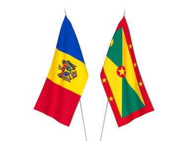 Beyaz arka planda Grenada ve Moldova 'nın ulusal kumaş bayrakları izole edildi. 3d resimleme.