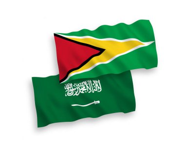 Beyaz arka planda Suudi Arabistan ve Guyana Kooperatif Cumhuriyeti 'nin ulusal taşıyıcı kumaş bayrakları izole edildi. 1 'e 2 oranında.