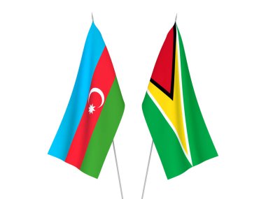 Azerbaycan Cumhuriyeti 'nin ulusal kumaş bayrakları ve Guyana Kooperatif Cumhuriyeti beyaz arka planda izole edildi. 3d resimleme.