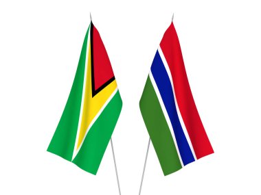 Gambiya Cumhuriyeti 'nin ulusal kumaş bayrakları ve Guyana Kooperatif Cumhuriyeti beyaz arka planda izole edildi. 3d resimleme.