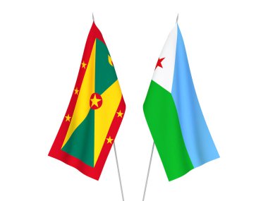 Beyaz arka planda Grenada ve Cibuti Cumhuriyeti 'nin ulusal kumaş bayrakları izole edildi. 3d resimleme.