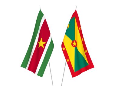 Beyaz arka planda Grenada ve Surinam Cumhuriyeti 'nin ulusal kumaş bayrakları izole edildi. 3d resimleme.