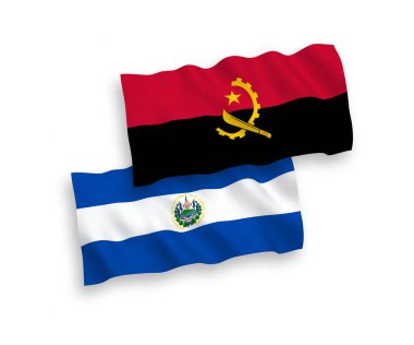 Beyaz arka planda El Salvador ve Angola Cumhuriyeti 'nin ulusal taşıyıcı kumaş bayrakları izole edildi. 1 'e 2 oranında.
