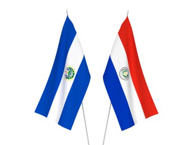 Beyaz arka planda El Salvador ve Paraguay 'ın ulusal kumaş bayrakları izole edildi. 3d resimleme.