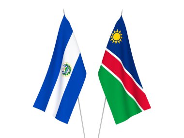 Beyaz arka planda El Salvador Cumhuriyeti ve Namibya Cumhuriyeti bayrakları izole edildi. 3d resimleme.