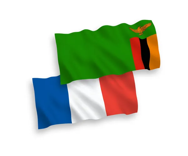 法国和赞比亚共和国的国家病媒织物波条旗在白色背景下隔离 1比2的比例 — 图库矢量图片